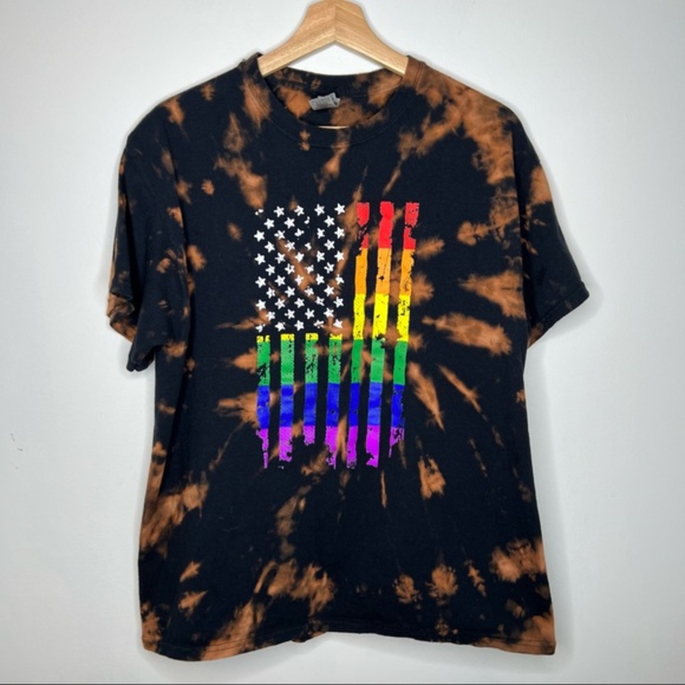 Upcycled reworked bleached tie dyed rainbow LGBTQ American flag t-shirt L